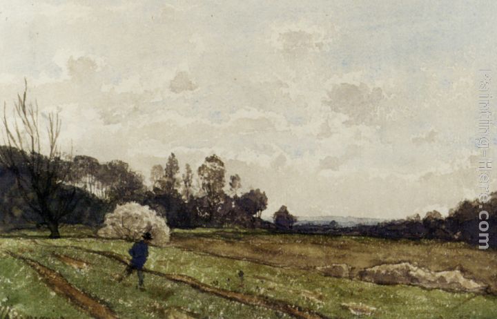 A Farmer Crossing a Field painting - Henri-Joseph Harpignies A Farmer Crossing a Field art painting